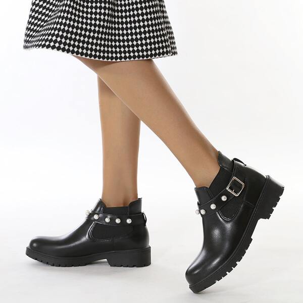 

Faux Pearl & Buckle Decor Booties, Black