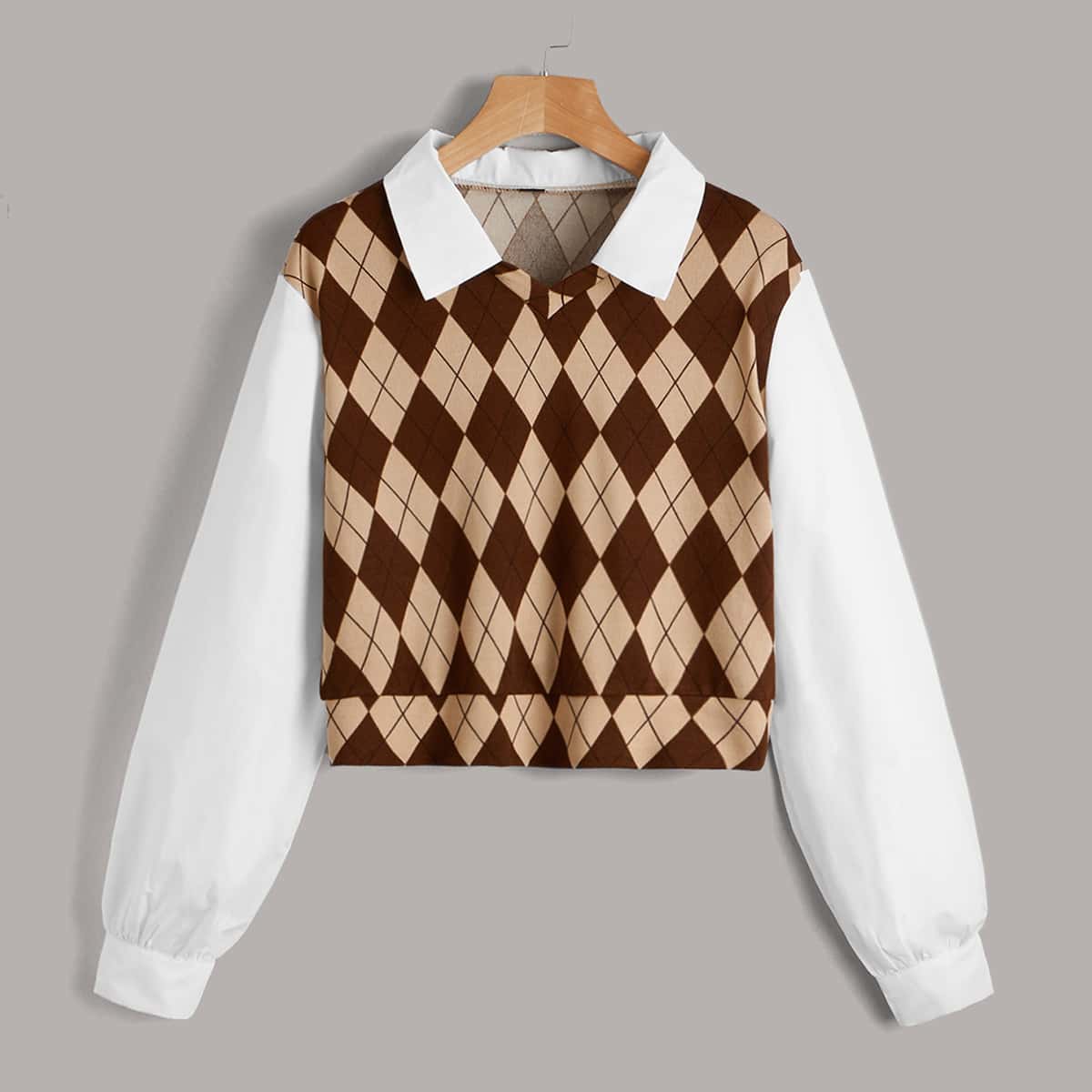 

Argyle Print Contrast Collar Blouse, Multicolor