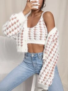 千鳥格圖案單排釦開襟衫和針織吊帶上衣套裝 - 彩色 - 查看 1