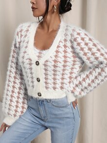 千鳥格圖案單排釦開襟衫和針織吊帶上衣套裝 - 彩色 - 查看 3
