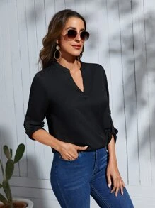 SHEIN Clasi Roll Tab Sleeve Notched Neck Blouse - Black - View 3