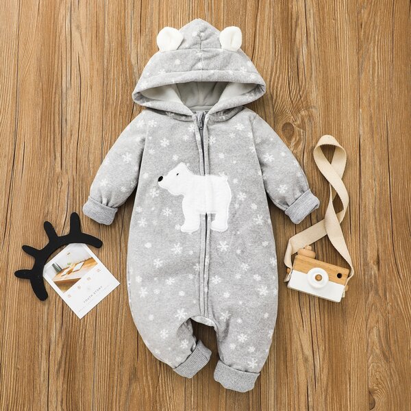 

Baby Polar Bear Pattern Zip Front Hooded Jumpsuit, Light grey