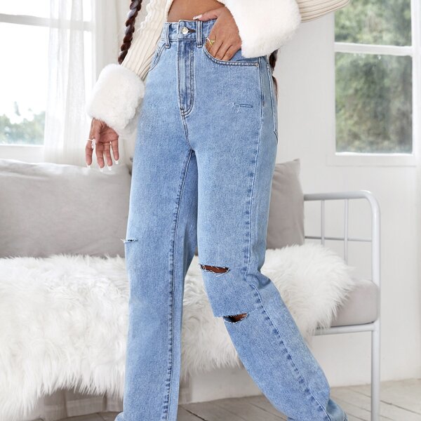 

High Waist Ripped Straight Leg Jeans, Light wash