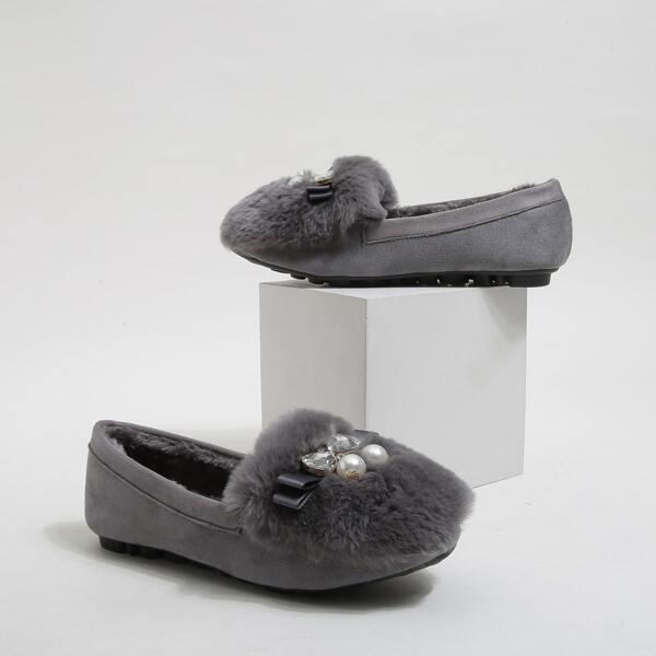 

Rhinestone & Faux Pearl Decor Fluffy Flats, Grey