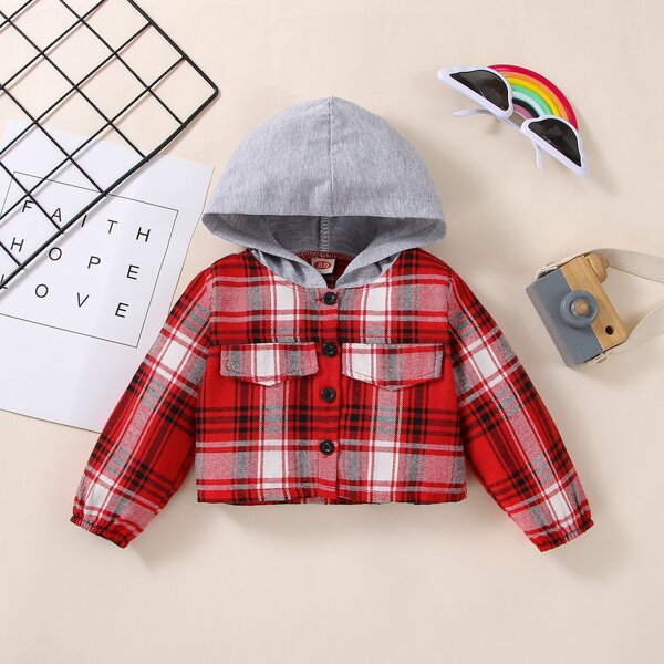 

Baby Plaid Fake Pocket Hooded Jacket, Multicolor