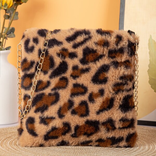 

Leopard Pattern Fluffy Chain Bucket Bag, Multicolor