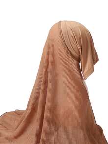 1入女士連帽頭巾,純色褶皺傑西內突厥頭巾,日常即時頭巾黑色 - 駝色 - 查看 8