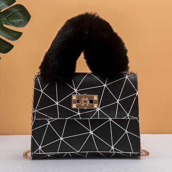 

Fuzzy Strap Geo Graphic Flap Square Bag, Black and white