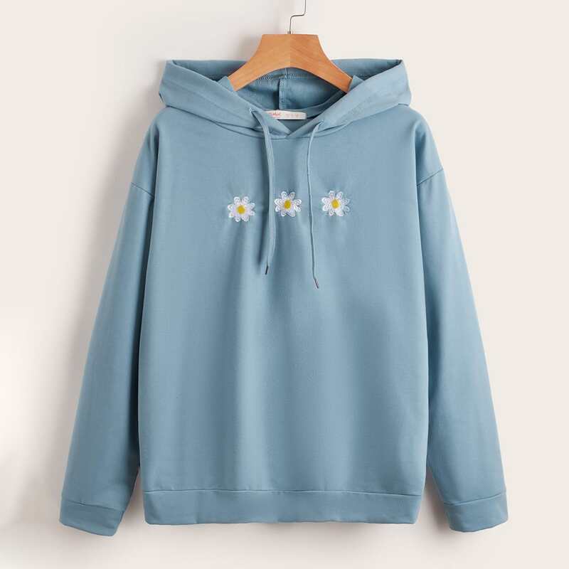 

Floral Embroidery Drawstring Hoodie, Blue