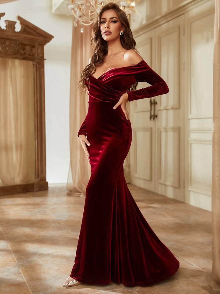 YISIKADO Off Shoulder Velvet Dress For Women Formal Evening Dress Elegant Mermaid Hem Prom Party Gown Wedding Guest, For Graduation, Dinner - Burgundy - View 1