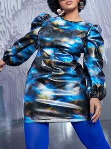 SHEINNeu 大碼星空圖案泡泡袖PU皮革緊身連衣裙 - 彩色 - 查看 1