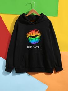SHEIN EZwear Plus Slogan & Lip Print Kangaroo Pocket Drop Shoulder Drawstring Thermal Hoodie - Black - View 2
