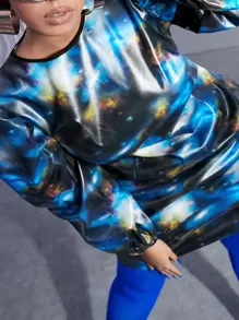 SHEINNeu 大碼星空圖案泡泡袖PU皮革緊身連衣裙 - 彩色 - 查看 2