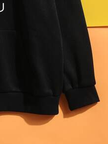 SHEIN EZwear Plus Slogan & Lip Print Kangaroo Pocket Drop Shoulder Drawstring Thermal Hoodie - Black - View 4