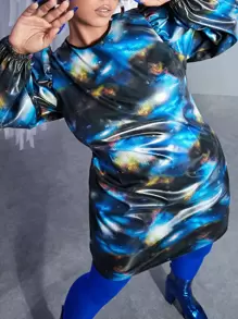 SHEINNeu 大碼星空圖案泡泡袖PU皮革緊身連衣裙 - 彩色 - 查看 3