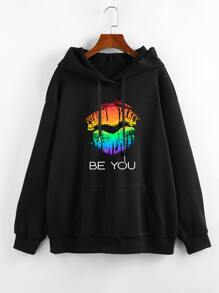 SHEIN EZwear Plus Slogan & Lip Print Kangaroo Pocket Drop Shoulder Drawstring Thermal Hoodie - Black - View 1