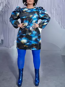 SHEINNeu 大碼星空圖案泡泡袖PU皮革緊身連衣裙 - 彩色 - 查看 4