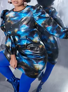 SHEINNeu 大碼星空圖案泡泡袖PU皮革緊身連衣裙 - 彩色 - 查看 5