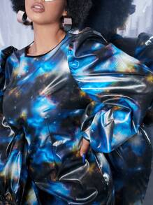 SHEINNeu 大碼星空圖案泡泡袖PU皮革緊身連衣裙 - 彩色 - 查看 6