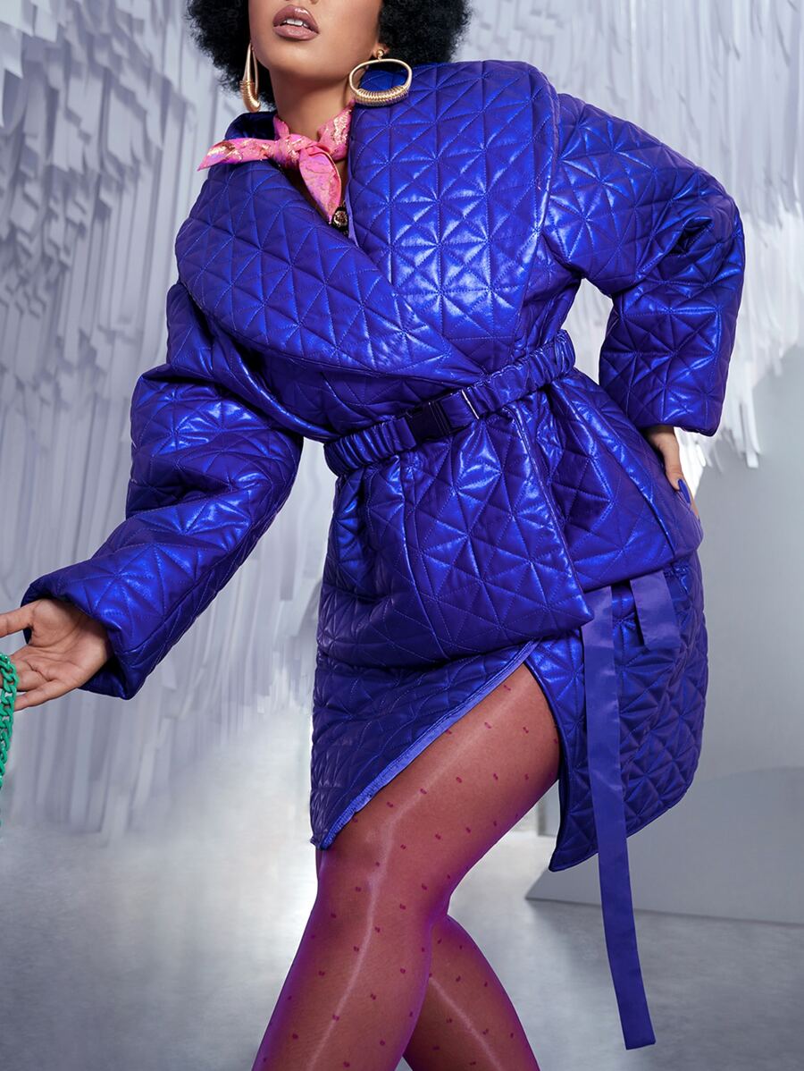 SHEIN Áo khoác mùa đông Plus Size Thắt lưng màu trơn Thanh lịch - Xanh đậm - Xem 1