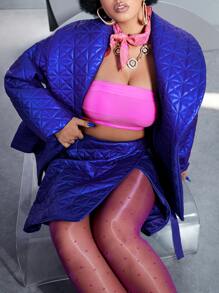 SHEIN Áo khoác mùa đông Plus Size Thắt lưng màu trơn Thanh lịch - Xanh đậm - Xem 2