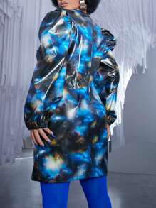 SHEINNeu 大碼星空圖案泡泡袖PU皮革緊身連衣裙 - 彩色 - 查看 7