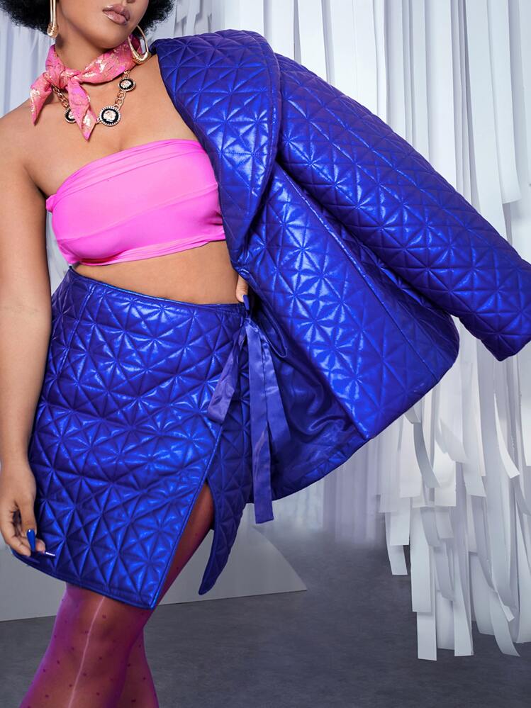 SHEIN SXY Plus Knot Side Wrap PU Leather Skirt - Royal Blue - View 7