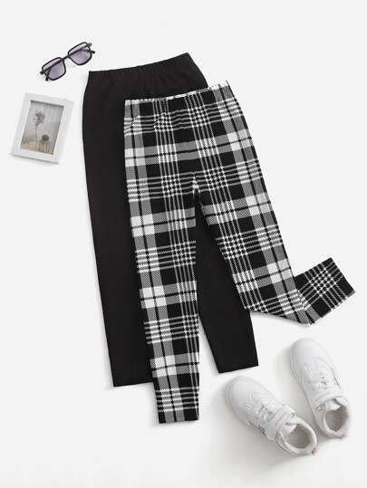 SHEIN Girls Plaid Print Leggings & Solid Leggings