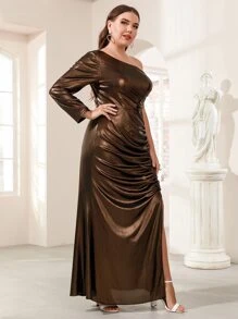 SHEIN Unity 大碼單肩褶邊高衩超長金屬質感舞會洋裝