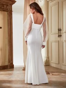 YISIKADO 雞心領口燈籠袖魚尾裙下擺婚紗洋裝 - 白色 - 查看 2