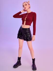 休閒挖空 羅紋針織純色女士T恤 - 酒紅色 - 查看 3