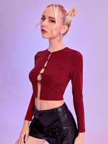 休閒挖空 羅紋針織純色女士T恤 - 酒紅色 - 查看 4