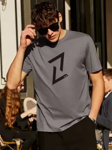 Men Letter Graphic Tee - Dark Grey - View 1
