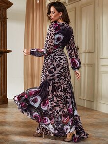 YISIKADO Leopard Print Cut Out Plunge Neck Lantern Sleeve Ruffle Hem Dress - Multicolor - View 3