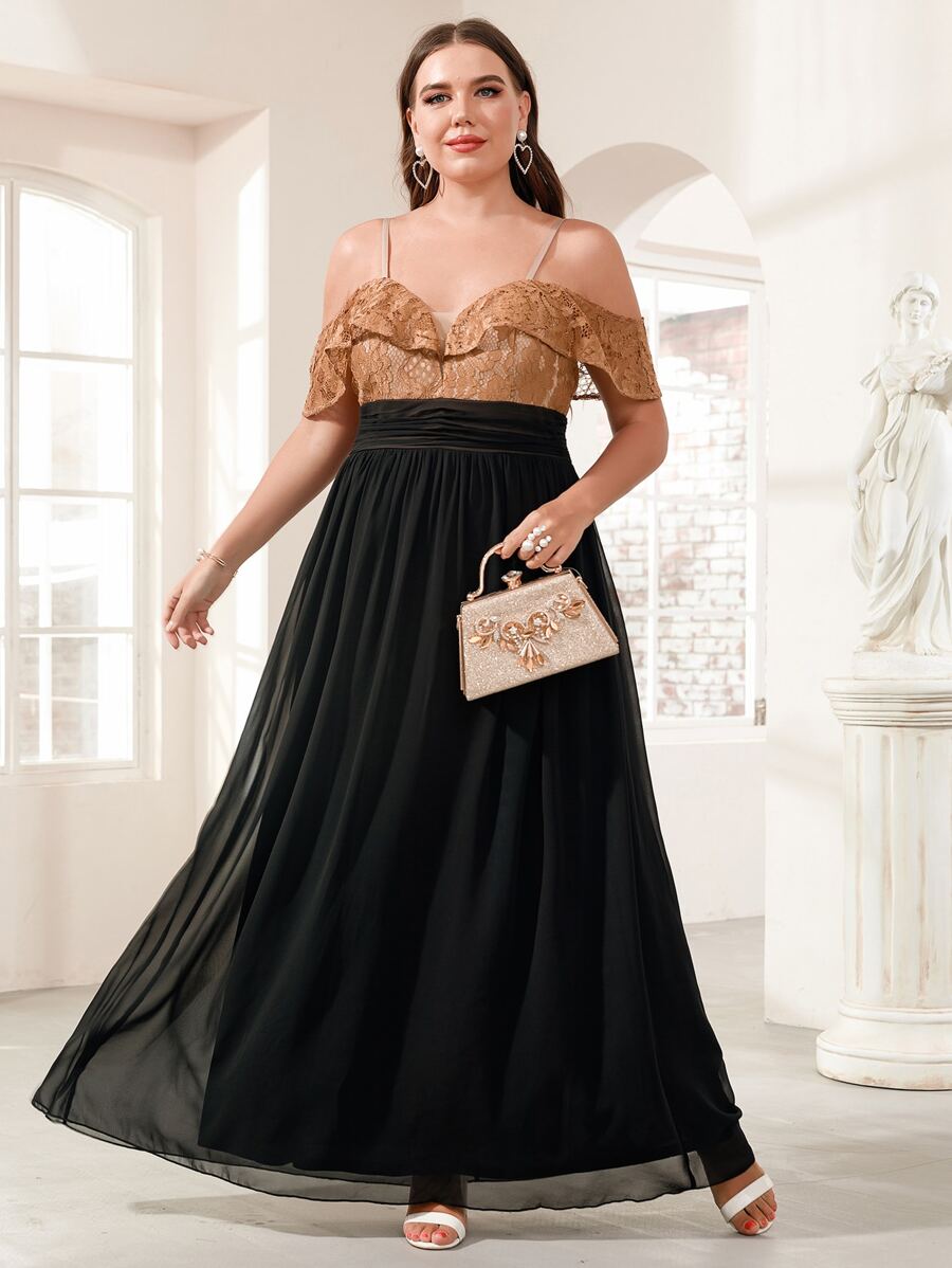 SHEIN Belle Plus Colour Block Contrast Lace Cold Shoulder Chiffon Prom Dress - Multicolor - View 1