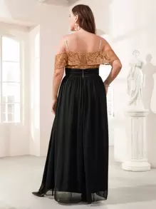 SHEIN Belle Plus Colour Block Contrast Lace Cold Shoulder Chiffon Prom Dress - Multicolor - View 2