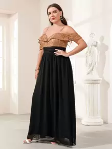 SHEIN Belle Plus Colour Block Contrast Lace Cold Shoulder Chiffon Prom Dress - Multicolor - View 3