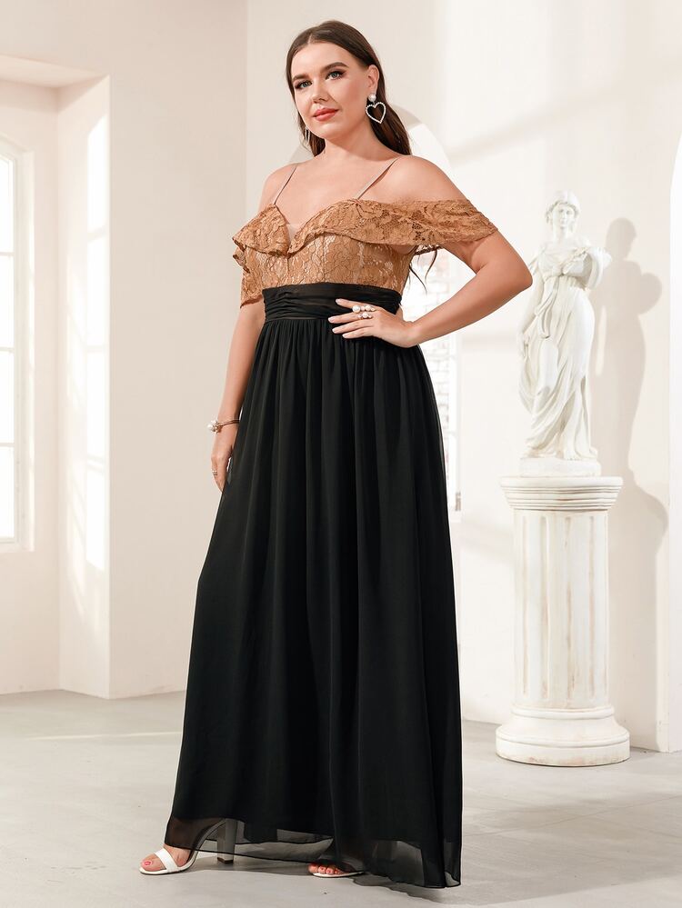 SHEIN Belle 大碼撞色蕾絲拼接挖肩雪紡舞會連衣裙 - 彩色 - 查看 3