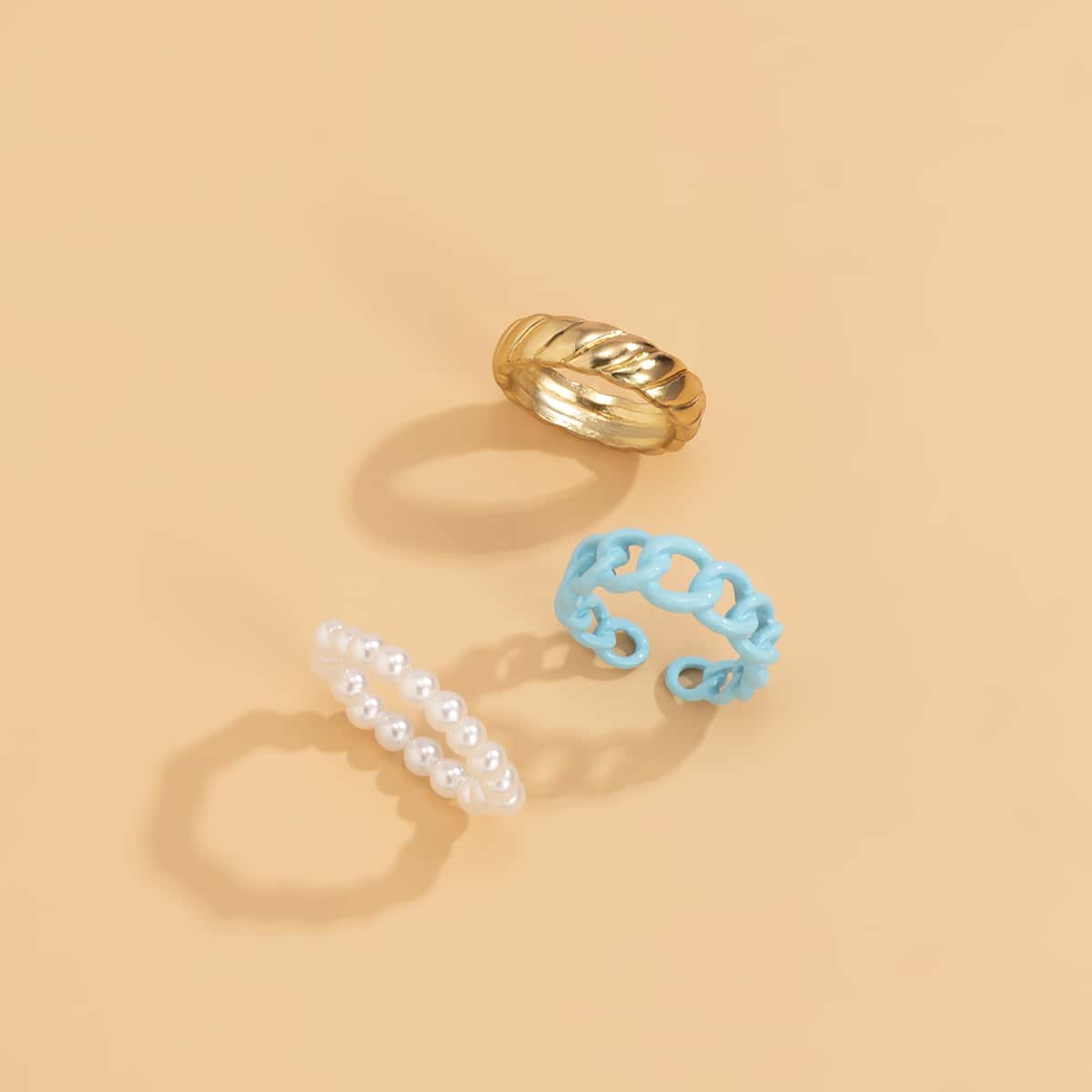 

3pcs Faux Pearl Beaded Ring, Multicolor