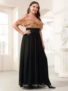 SHEIN Belle Plus Colour Block Contrast Lace Cold Shoulder Chiffon Prom Dress - Multicolor - View 4