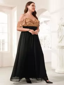 SHEIN Belle Plus Colour Block Contrast Lace Cold Shoulder Chiffon Prom Dress - Multicolor - View 6