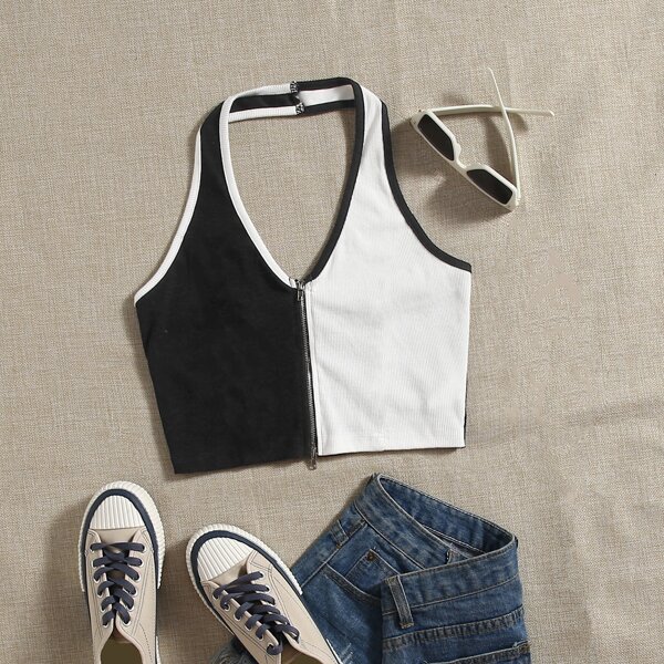 

Zip Up Colorblock Crop Halter Top, Black and white