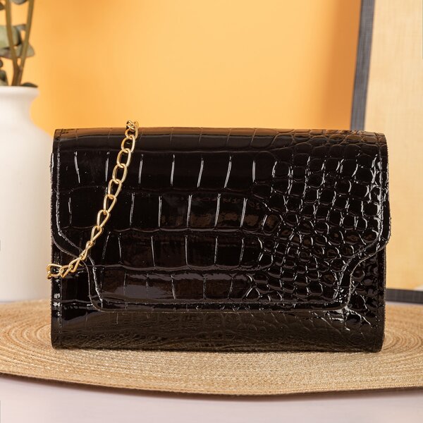 

Croc Embossed Flap Chain Bag, Black
