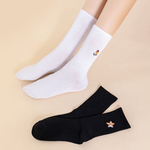 

2pairs Flower & Star Embroidered Crew Socks, Multicolor