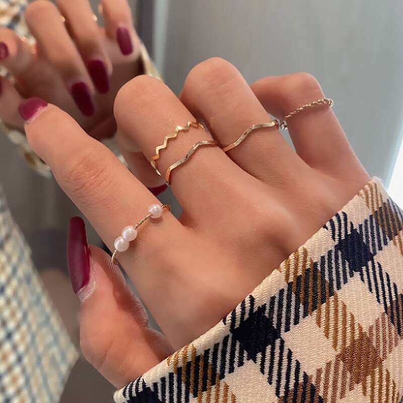 

5pcs Faux Pearl Decor Ring, Gold