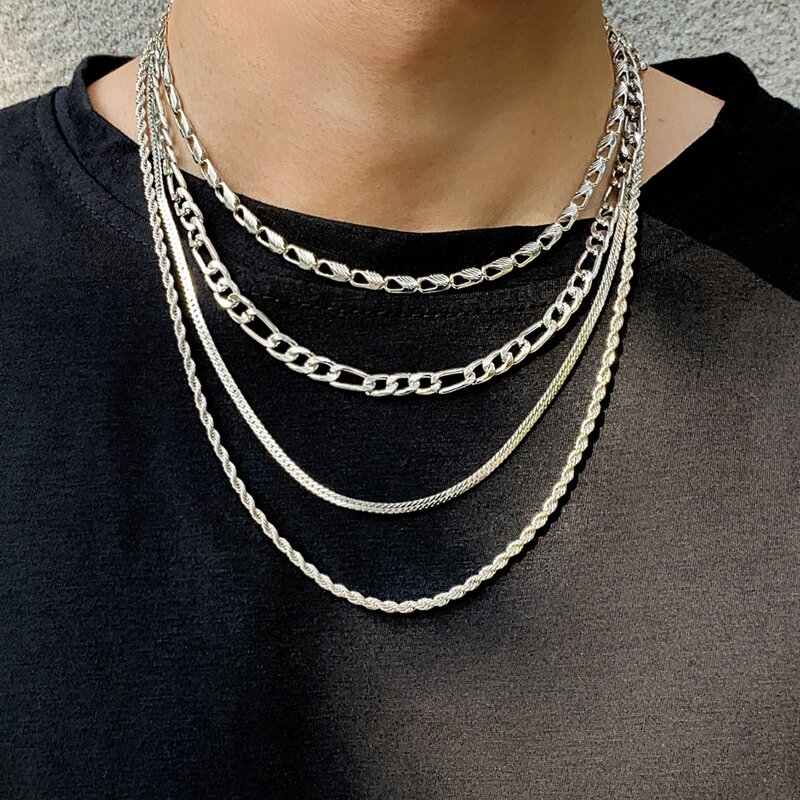 

Guys 4pcs Minimalist Chain Necklace, Silver
