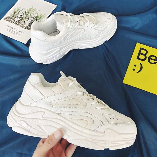 

Men Minimalist Lace Up Front Chunky Sneakers, White