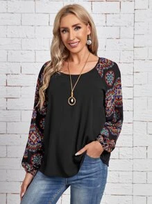 EMERY ROSE Blusa con estampado de dibujo de manga raglán - Negro - Ver 1