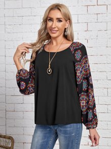 EMERY ROSE Blusa con estampado de dibujo de manga raglán - Negro - Ver 4