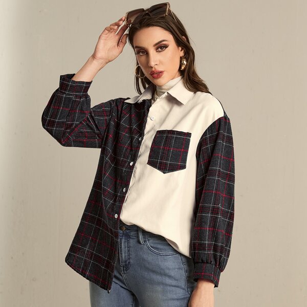 

Drop Shoulder Plaid Button Front Blouse, Multicolor